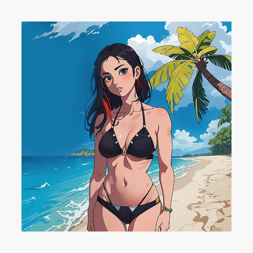 Cute Anime Girl in Black Bikini Art - Perfect for Any Fan 