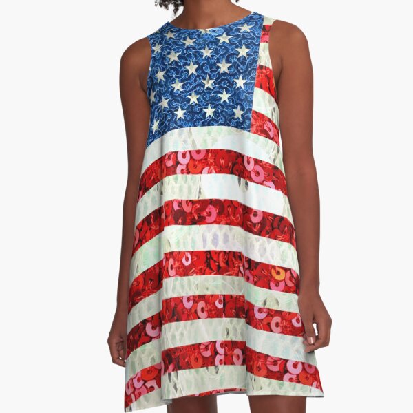 American Flag Sequin Glitter Look Patriotic USA A-Line Dress
