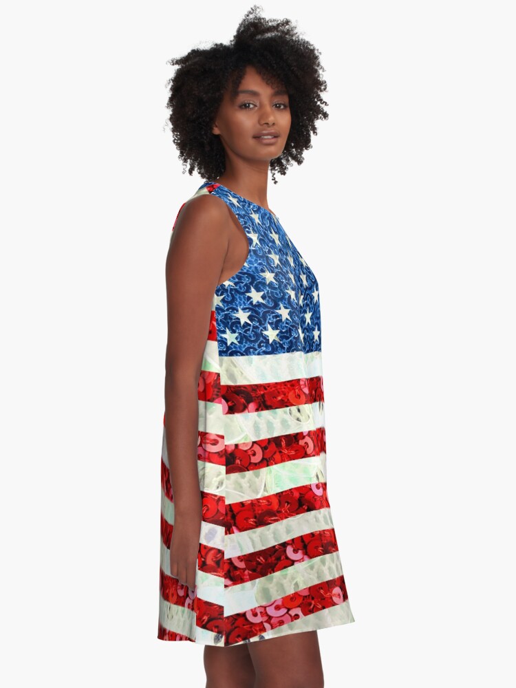 Alternate view of American Flag Sequin Glitter Look Patriotic USA A-Line Dress