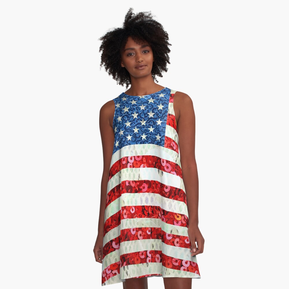 American Flag Sequin Glitter Look Patriotic USA A-Line Dress