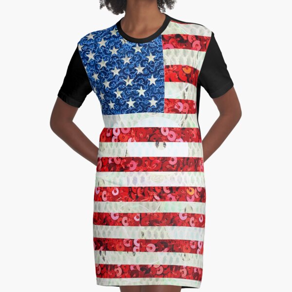 American Flag Sequin Glitter Look Patriotic USA Graphic T-Shirt Dress