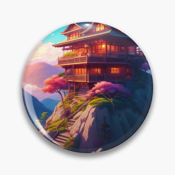 Item preview, Hillside retreat // Sky blue background with pink flowers and a house on hill top designed and sold by MiniArtworks.