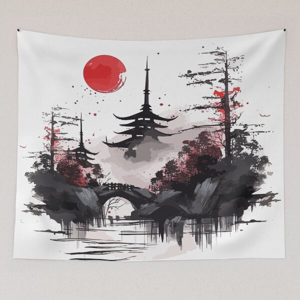 Item preview, Mystical Japanese Retreat: Cherry Blossoms, Red Sun, and Veiled Beauty designed and sold by SweetWhiskers.