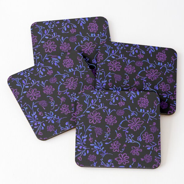 Item preview, #P703: Blue And Purple Floral Outline On Black Flower Power Pattern designed and sold by FarStarL33.