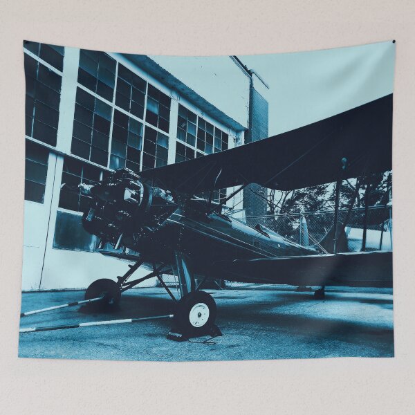 Item preview, Indigo Navy Blue Cyanotype Modern Industrial Air Plane Museum Vintage Propeller Plane Digital Photograph designed and sold by ARTbyABACCUS.