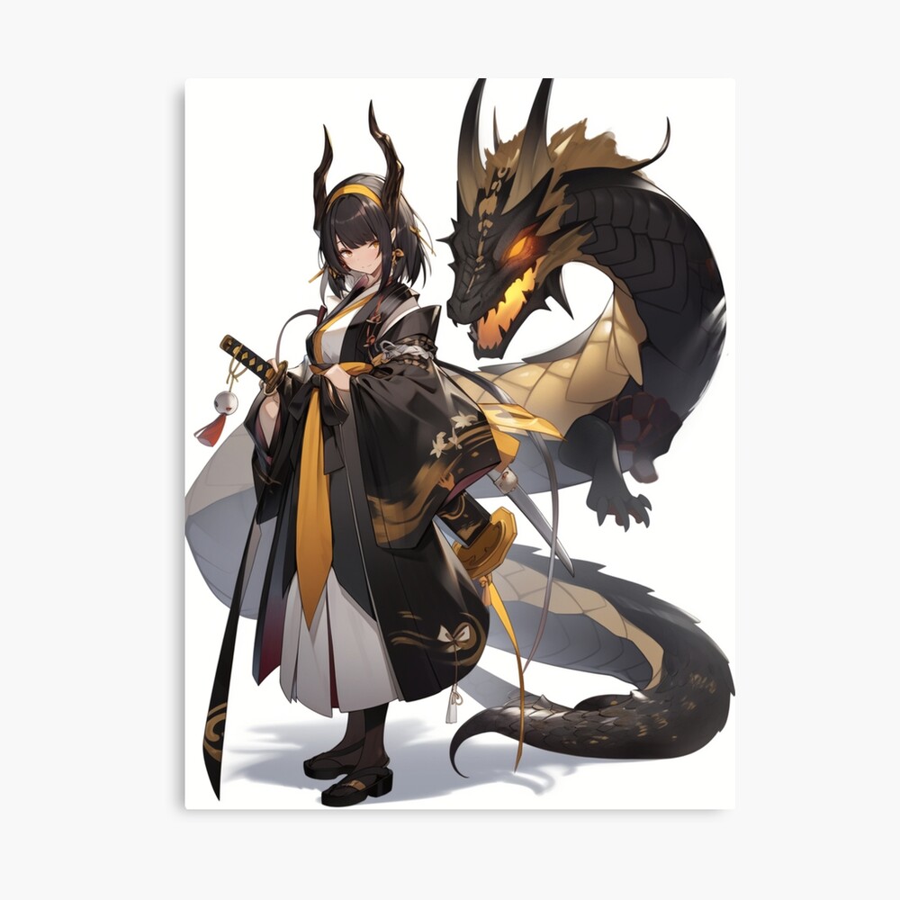 Warrior Anime Girl with a Dragon: Powerful Heroine in an Epic Fantasy  Illustration