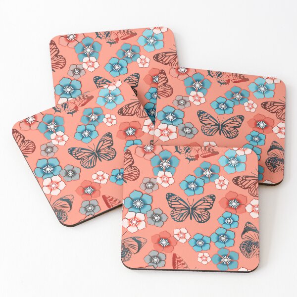 Item preview, Butterfly and Flower pattern, orange-red and Blue designed and sold by Pear Tree Studio.