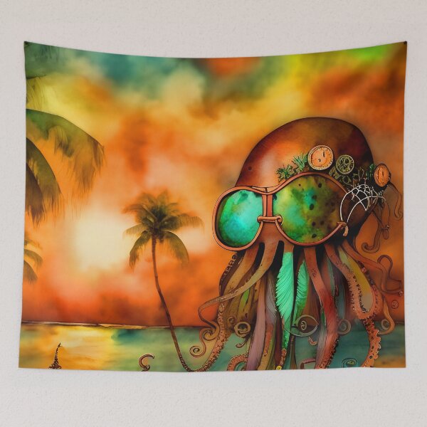 Item preview, Octopus Art Metal Look Brass and Copper Tones Steampunk Inspired Octopus AI Art 1 of 8 designed and sold by Beachy.
