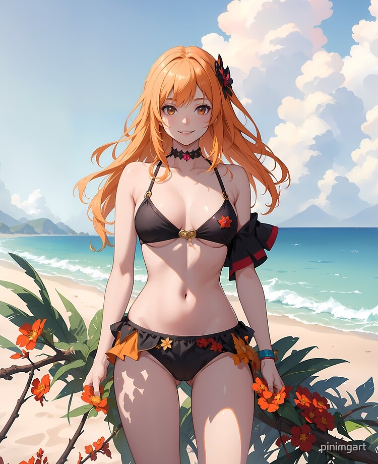 Redhead Anime Girl in Black Bikini Art Perfect for Any Fan