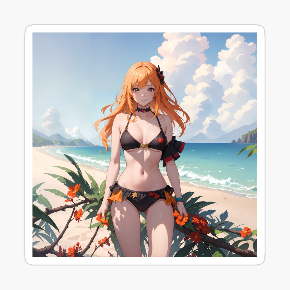 Redhead Anime Girl in Black Bikini Art - Perfect for Any Fan 