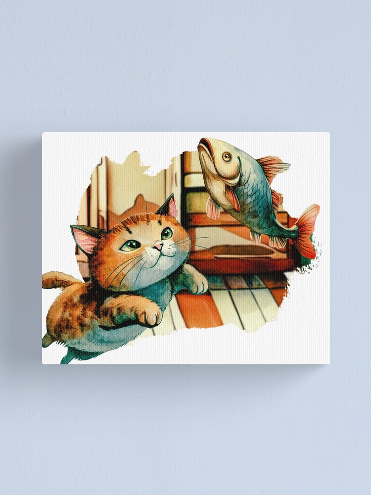 Cat Catching Fish Canvas Print for Sale by DenizDesignLab