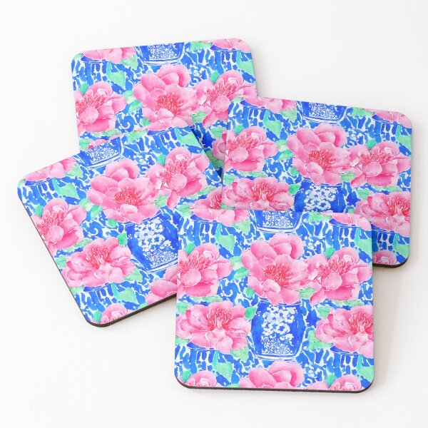 Item preview,  Chinoiserie and peonies on blue background watercolor designed and sold by SophieClimaArt.
