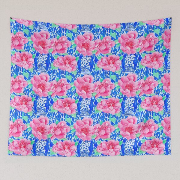 Item preview,  Chinoiserie and peonies on blue background watercolor designed and sold by SophieClimaArt.