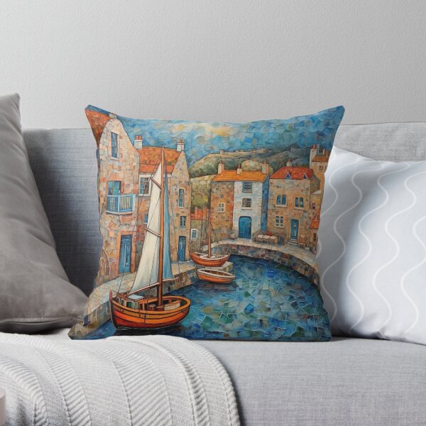 Mousehole Mosaic Folk Art Scene Throw Pillow