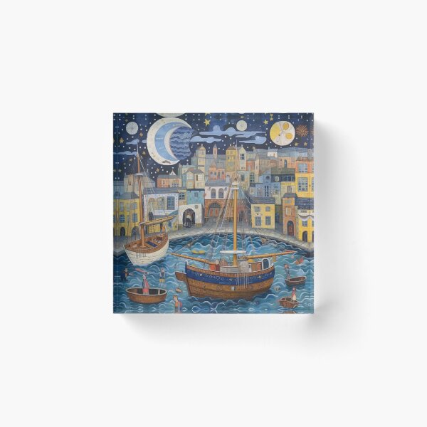 Item preview, Night at Falmouth Harbour, Cornwall Folk Art designed and sold by EpicFoxArt.