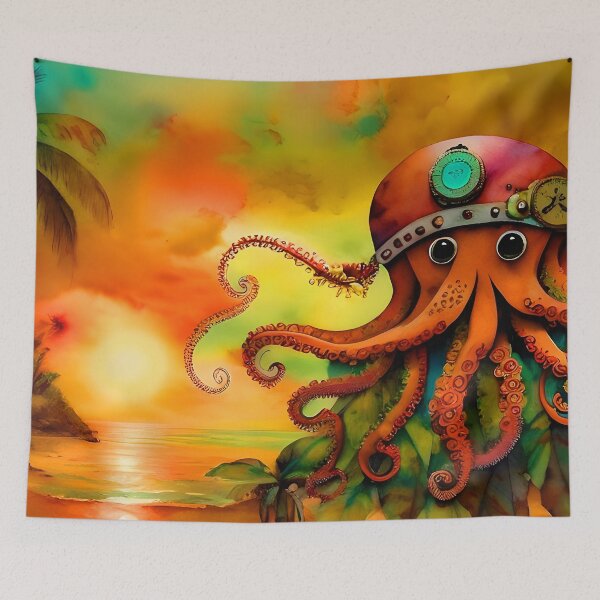 Item preview, Octopus Art Metal Look Brass and Copper Tones Steampunk Inspired Octopus AI Art 2 of 8 designed and sold by Beachy.