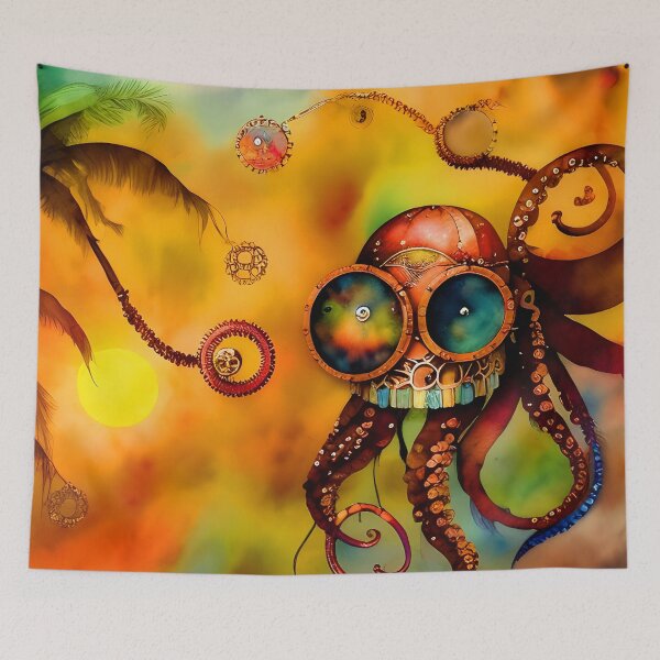 Item preview, Octopus Art Metal Look Brass and Copper Tones Steampunk Inspired Octopus AI Art 3 of 8 designed and sold by Beachy.