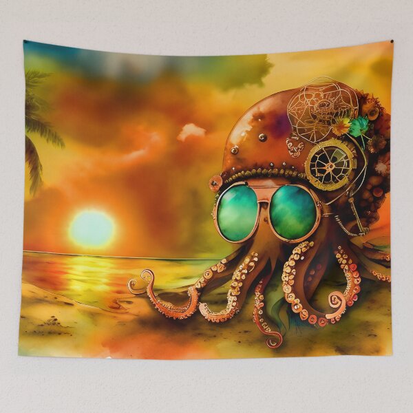Item preview, Octopus Art Metal Look Brass and Copper Tones Steampunk Inspired Octopus AI Art 4 of 8 designed and sold by Beachy.
