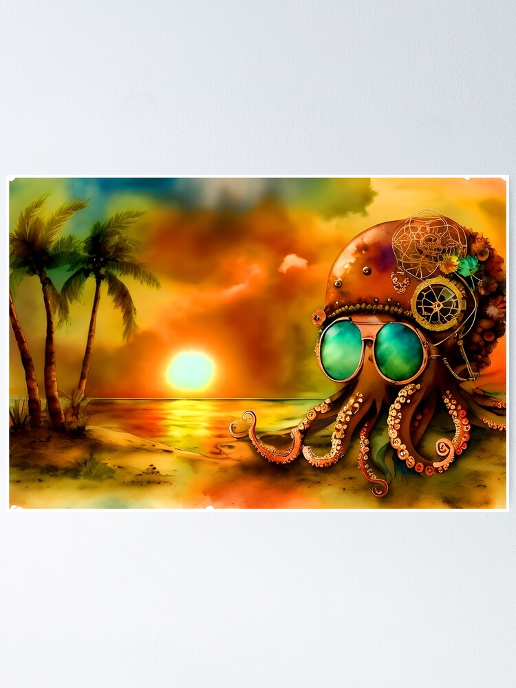 Octopus Art Metal Look Brass and Copper Tones Steampunk Inspired Octopus AI  Art of 8