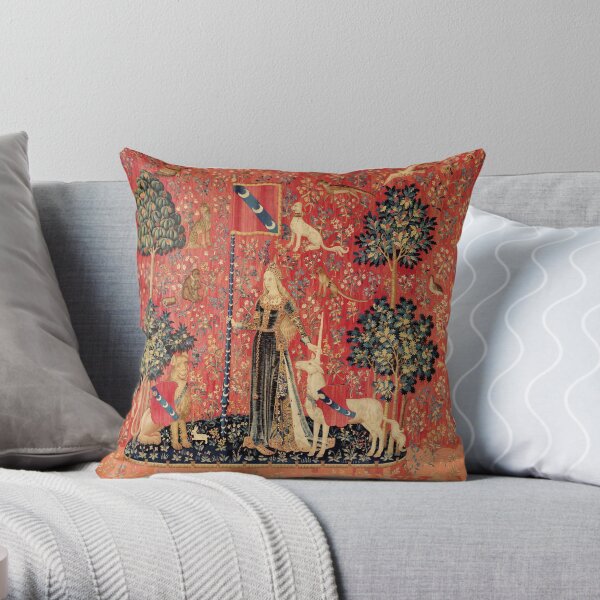 LADY AND UNICORN ,TOUCH ,Lion,Fantasy Flowers,Animals Red Green Floral Throw Pillow