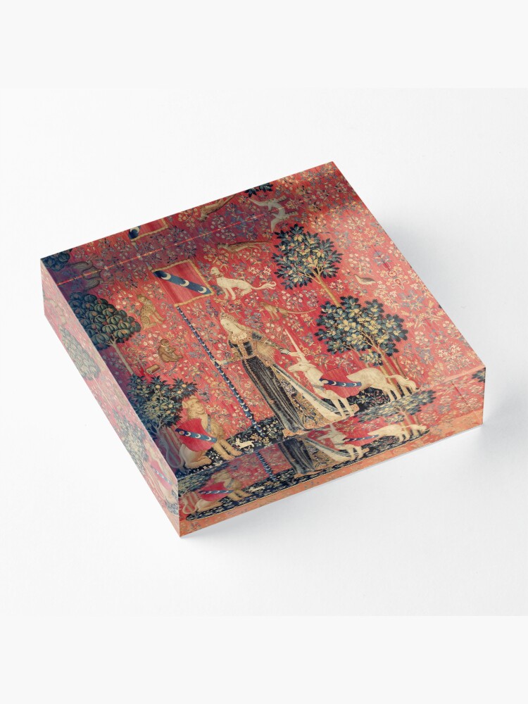 Alternate view of LADY AND UNICORN ,TOUCH ,Lion,Fantasy Flowers,Animals Red Green Floral Acrylic Block
