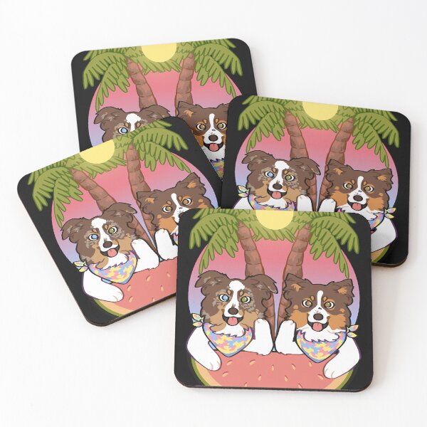 Item preview, Aussies on the beach during sunset Red black tri red Merle mini American Shepherd designed and sold by thibodeauxsund.