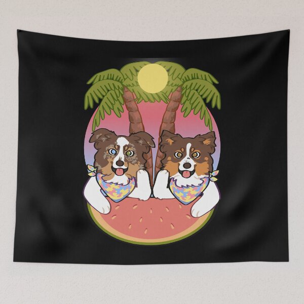 Item preview, Aussies on the beach during sunset Red black tri red Merle mini American Shepherd designed and sold by thibodeauxsund.
