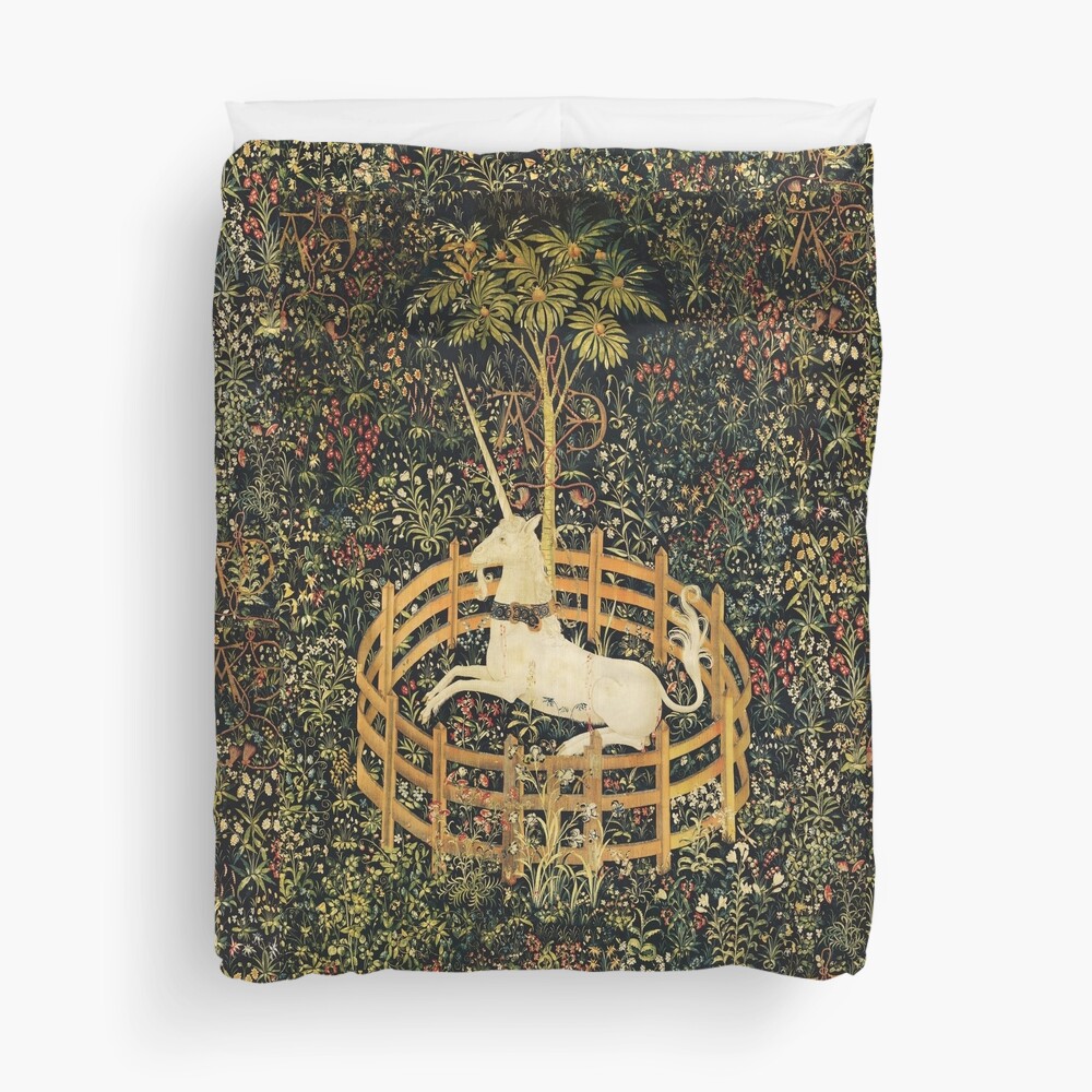UNICORN AND GOTHIC FANTASY FLOWERS, GREEN FLORAL MOTIFS Duvet Cover