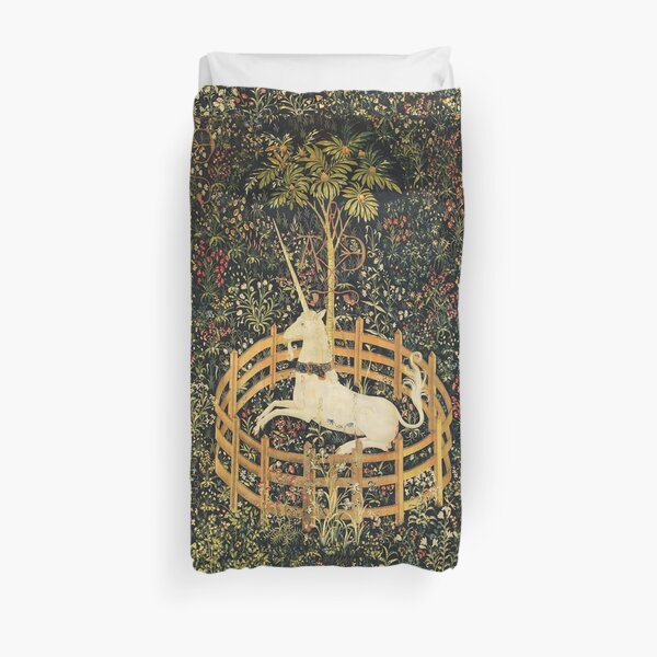 UNICORN AND GOTHIC FANTASY FLOWERS, GREEN FLORAL MOTIFS Duvet Cover