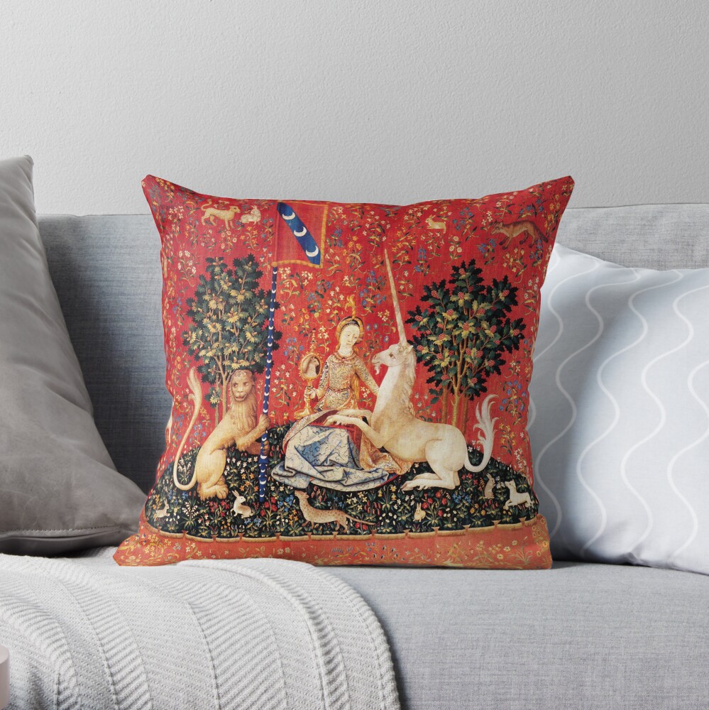 LADY AND UNICORN ,SIGHT Red Green Fantasy Flowers,Animals Throw Pillow