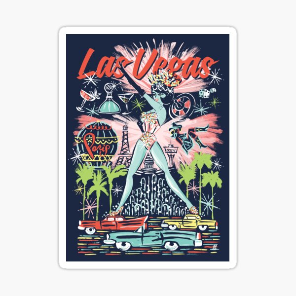 Retro Style Las Vegas Travel Poster with Showgirl Sticker