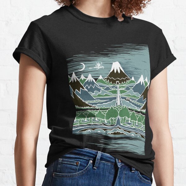 Un voyage Halflings sur un chemin de montagne à travers un bois elfique dans le style T-shirt classique