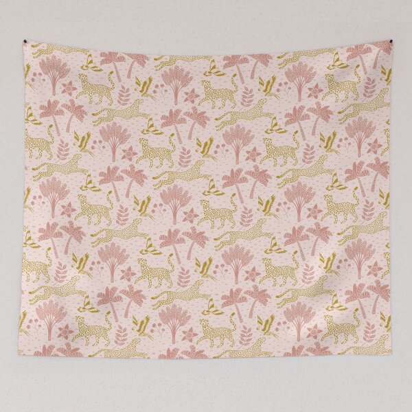 Item preview, cheetahs and parrots in the jungle | melon and gold  | repeat pattern designed and sold by colorofmagic.