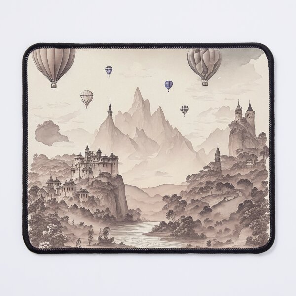 Artikelvorschau, Vintage-Bild von Luftballons, die über ein Fantasy-Schloss fliegen entworfen und verkauft von SimpleWallArt.
