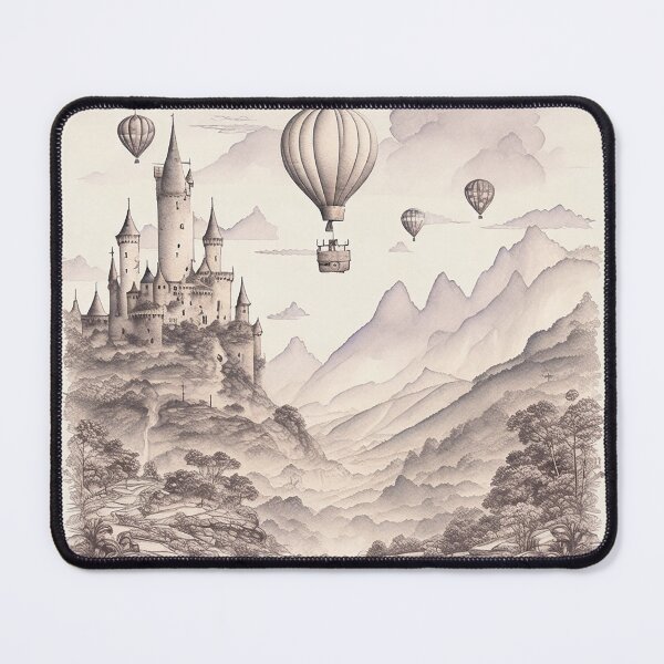 Artikelvorschau, Vintage-Bild von Luftballons, die über ein Fantasy-Schloss fliegen entworfen und verkauft von SimpleWallArt.