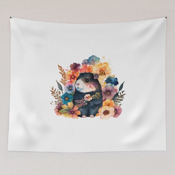 Item preview, Cute black hamster with colorful flowers watercolor designed and sold by ArtHideaway.