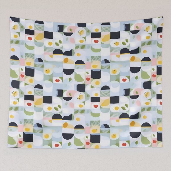 Item preview, Square minimalist pattern of white, green, and yellow abstract shapes reminding of lemons, strawberries, and leaves designed and sold by OrganicDSGN.