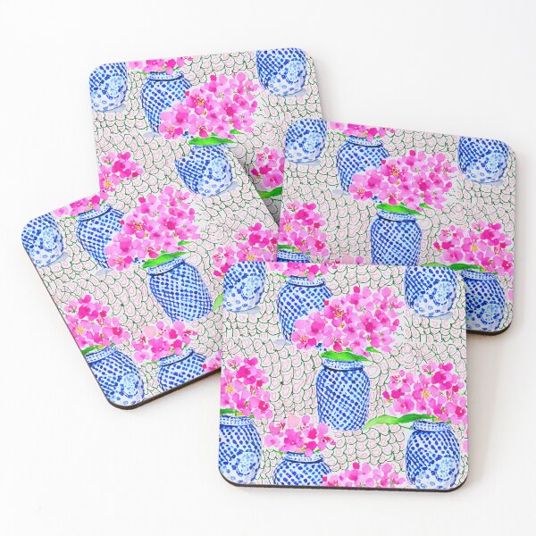 Item preview, Pink flowers in chinoiserie jars designed and sold by SophieClimaArt.