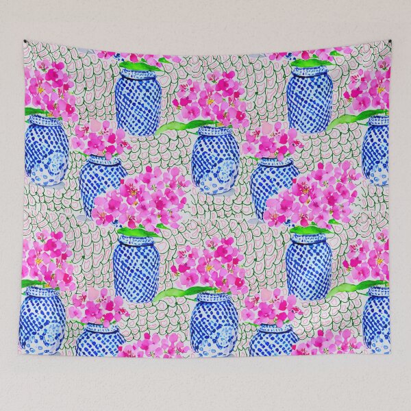 Item preview, Pink flowers in chinoiserie jars designed and sold by SophieClimaArt.