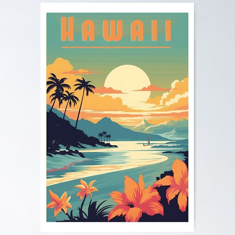 RETRO HAWAII Travel Poster Art, Vintage Hawaiian Artwork, Tropical Decor,  Hawaiian Art, Retro Island Decor, Hawaiian Decor. 20x30 