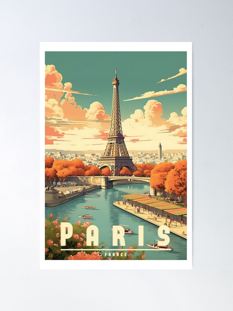 Vintage travel poster Paris - Romantic design of the city of love