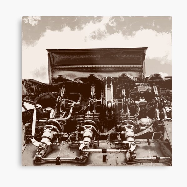 Tan Brown Coffee Sepia Tone Modern Photograph Vintage Industrial Mechanical Engine Parts for Air Plane under Sky with Clouds Metal Print