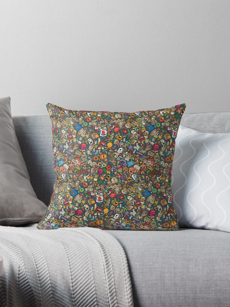 Thumbnail 1 of 4, Pillow, Retro Sticker Bomb Explosion designed and sold by RoverB.
