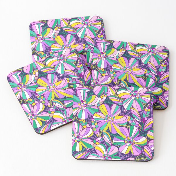 Item preview, Retro 1970s flower power in the cocktail lounge - navy with green and purples tone big florals designed and sold by BlackDogArtists.