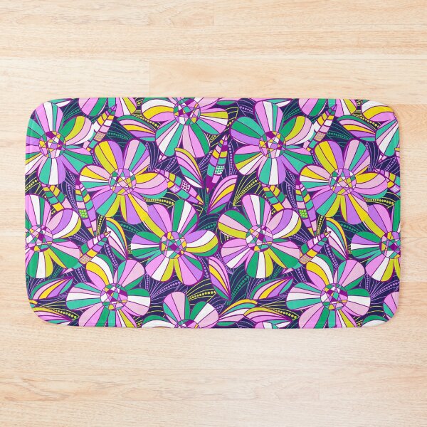 Item preview, Retro 1970s flower power in the cocktail lounge - navy with green and purples tone big florals designed and sold by BlackDogArtists.