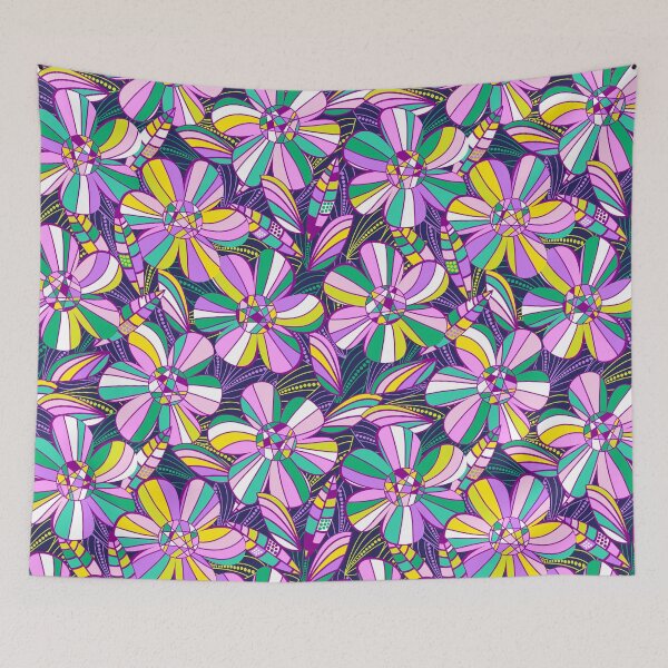 Item preview, Retro 1970s flower power in the cocktail lounge - navy with green and purples tone big florals designed and sold by BlackDogArtists.