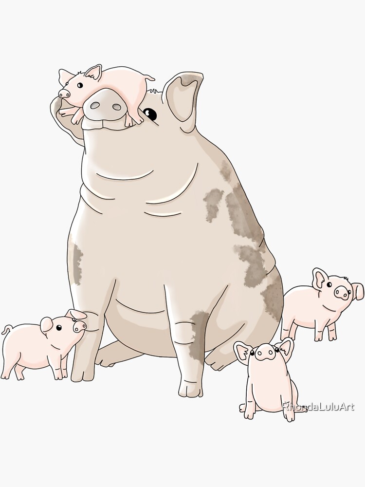 Thumbnail 3 of 3, Sticker, Delighted - Pig and Piglets designed and sold by RhondaLuluArt.
