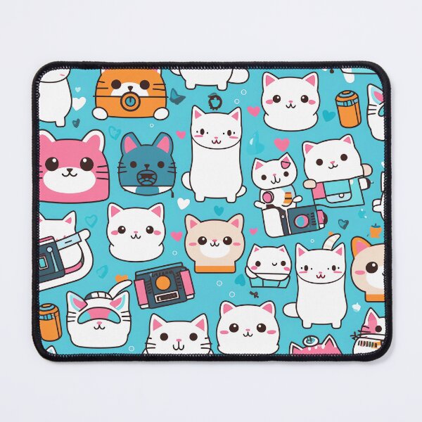 Item preview, Kawaii Cat Fiesta: Colorful Cartoon Characters in White and Cyan Print designed and sold by HappyPapaJohnny.