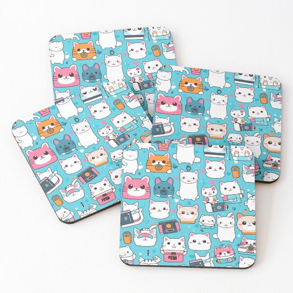 Item preview, Kawaii Cat Fiesta: Colorful Cartoon Characters in White and Cyan Print designed and sold by HappyPapaJohnny.