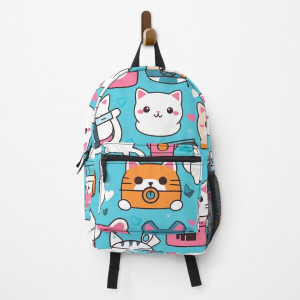 Item preview, Kawaii Cat Fiesta: Colorful Cartoon Characters in White and Cyan Print designed and sold by HappyPapaJohnny.
